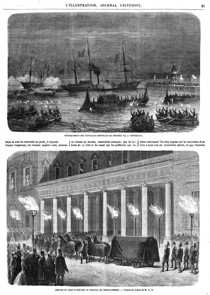 Débarquement des dépouilles mortelles de Frédéric VII, à Copenhague; Gravure 1864 — Arrivée du char funéraire, au Château de Christiansborg. Gravure 1864
