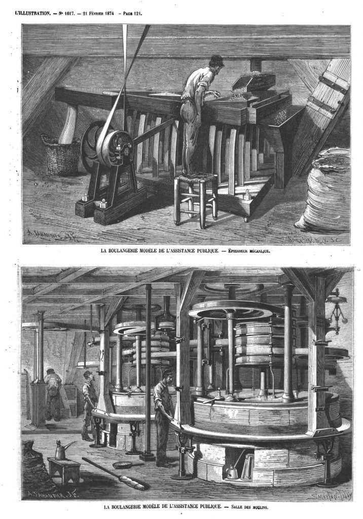 La Boulangerie modèle de l’Assistance publique : épierreur mécanique ;Salle des moulins.
