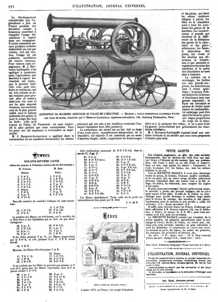 Machine à vapeur horizontale locomobile montée sur train . de roues, construite par .!. Hermann-Lachapelle, ingénieur-mécanicien. 1874