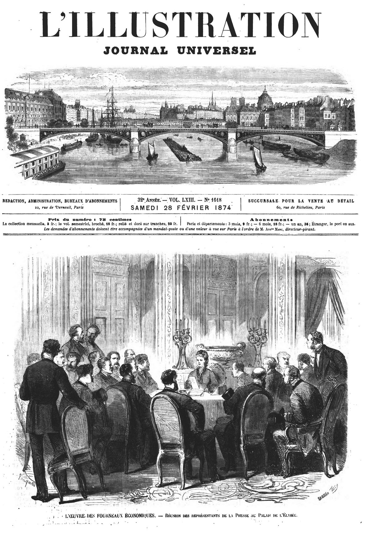L'œuvre des Fourneaux économiques : réunion des représentants de la Presse au Palais de l’Elysée.1874