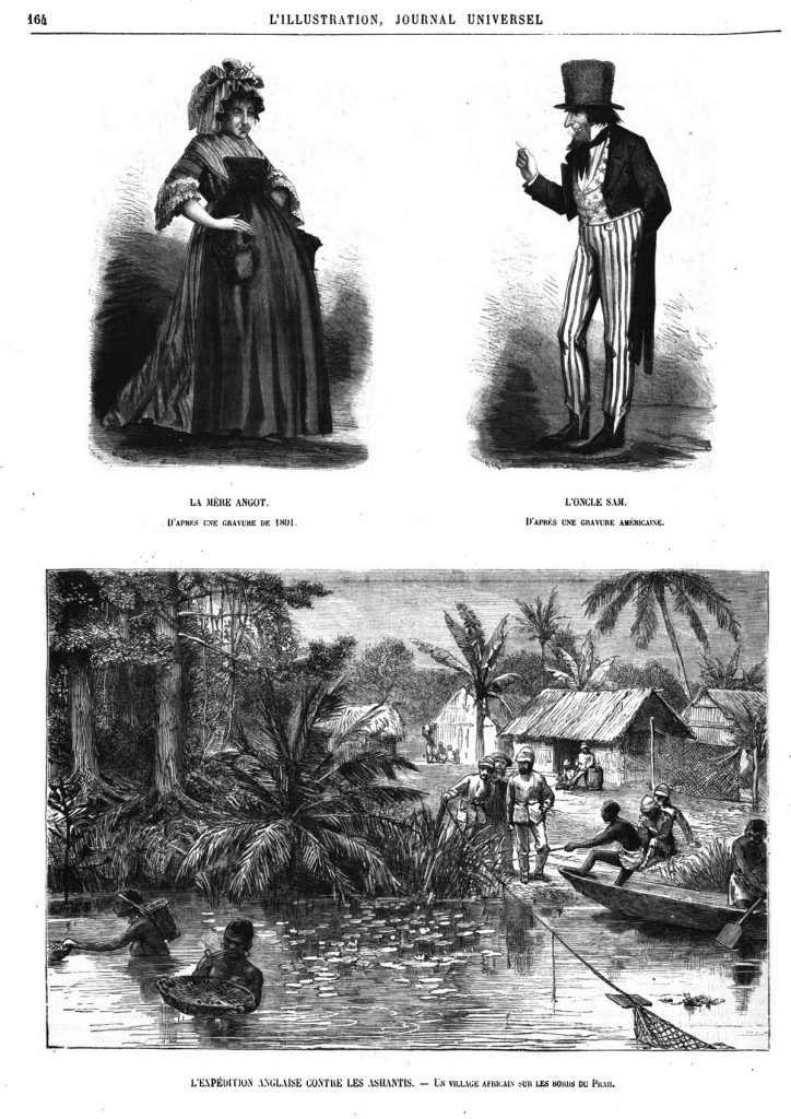 — Un village africain. (gravure 1874) — La Mère Anyot. (gravure 1874) — L’Oncle Sam. (gravure 1874)