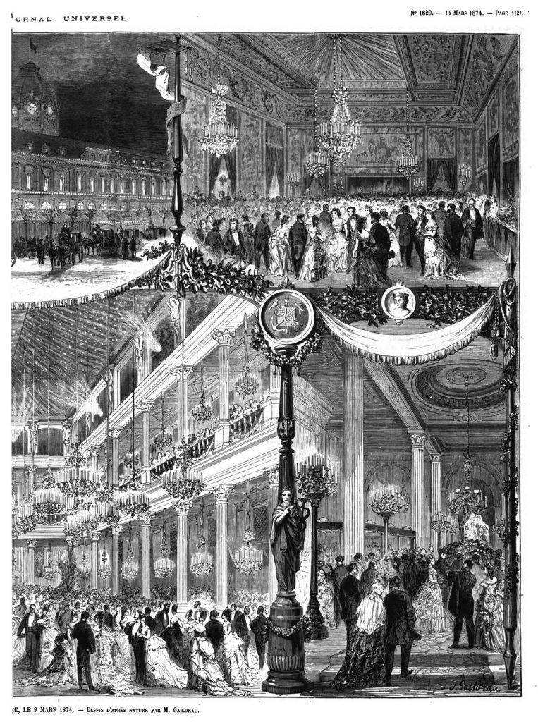 Grande fête donnée au Palais du Tribunal de Commerce, le 9 mars 1871. (gravure 1874)