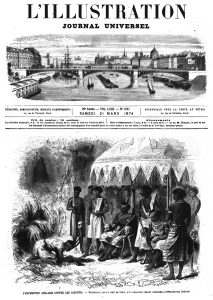 L’expédition anglaise contre les Ashantis : réception par un chef de tribu d’un émissaire venant annoncer l’approche des Anglais. (gravure 1874)