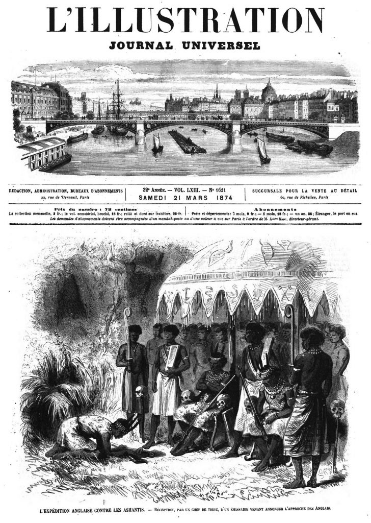 L’expédition anglaise contre les Ashantis : réception par un chef de tribu d’un émissaire venant annoncer l’approche des Anglais. (gravure 1874)