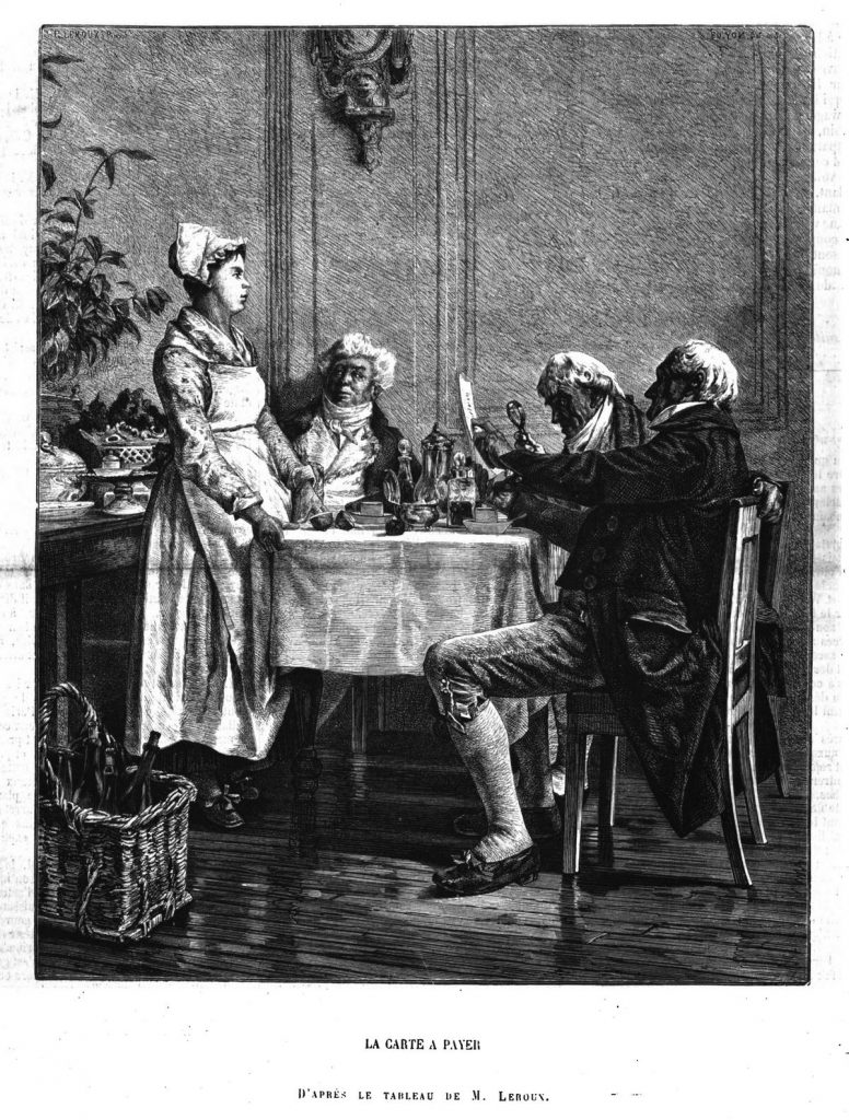 La carte à payer, d’après le tableau de M. Leroux. (gravure 1874)