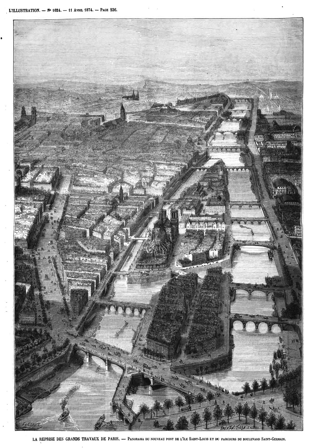 La reprise des grands travaux de Paris : panorama du nouveau pont de l’ile Saint-Louis et du parcours du boulevard St-Germain. (gravure 1874)