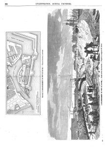 Travaux d'agrandissement du port du Havre : plan du nouvel avant-port; (gravure 1874) Aspect actuel des travaux. (gravure 1874)