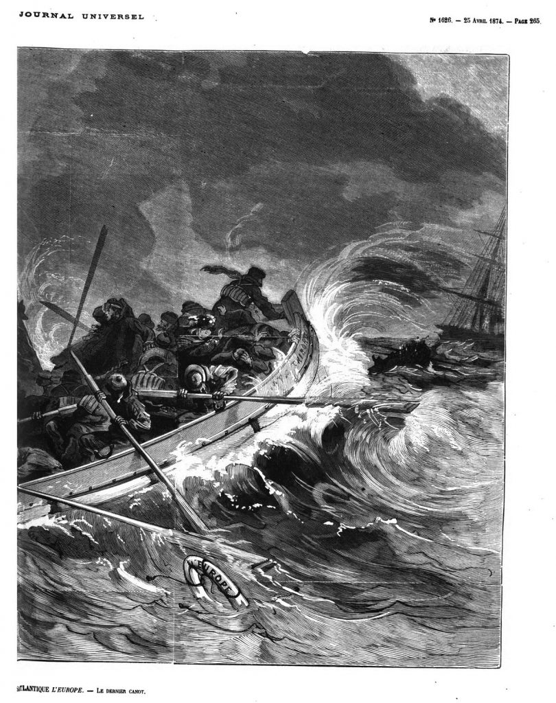 Le naufrage du paquebot transatlantique l’Europe: le dernier canot; (gravure 1874)