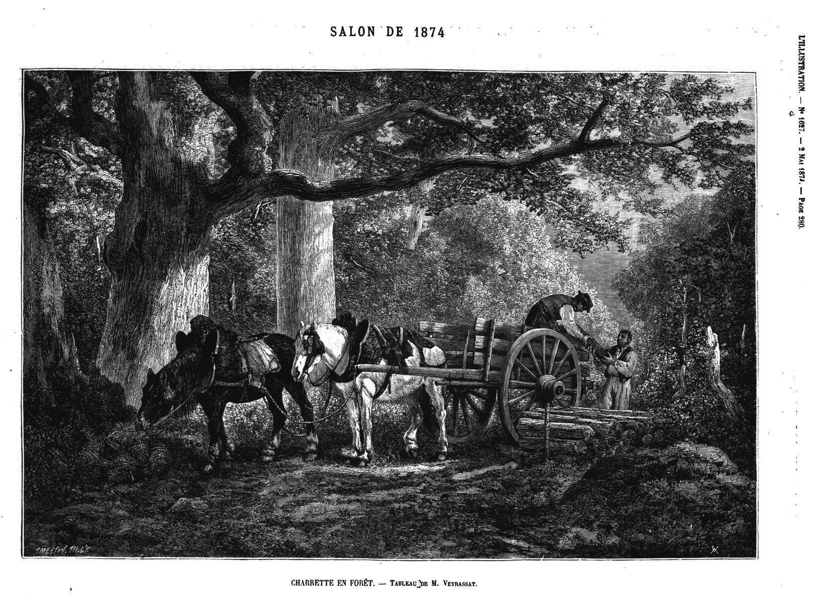 Salon de 1871 : Charrette en forêt, tabl au de M. Veyrassat; (gravure 1874)