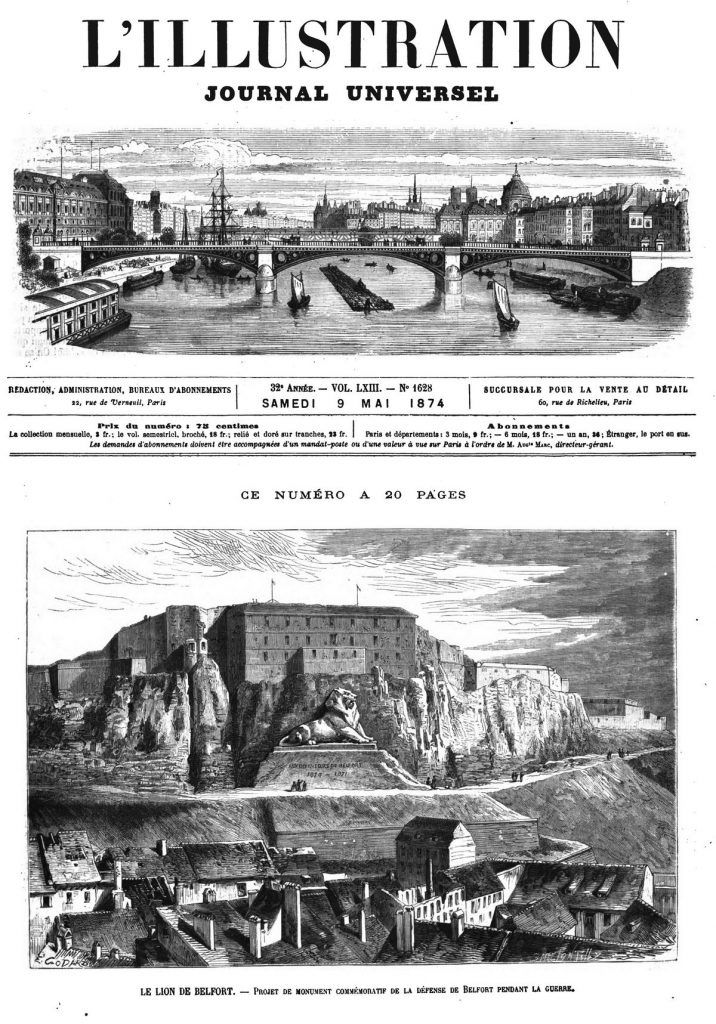 Le lion de Belfort : projet de monument commémoratif de la défense de Belfort pendant la guerre 1870. (gravure 1874)