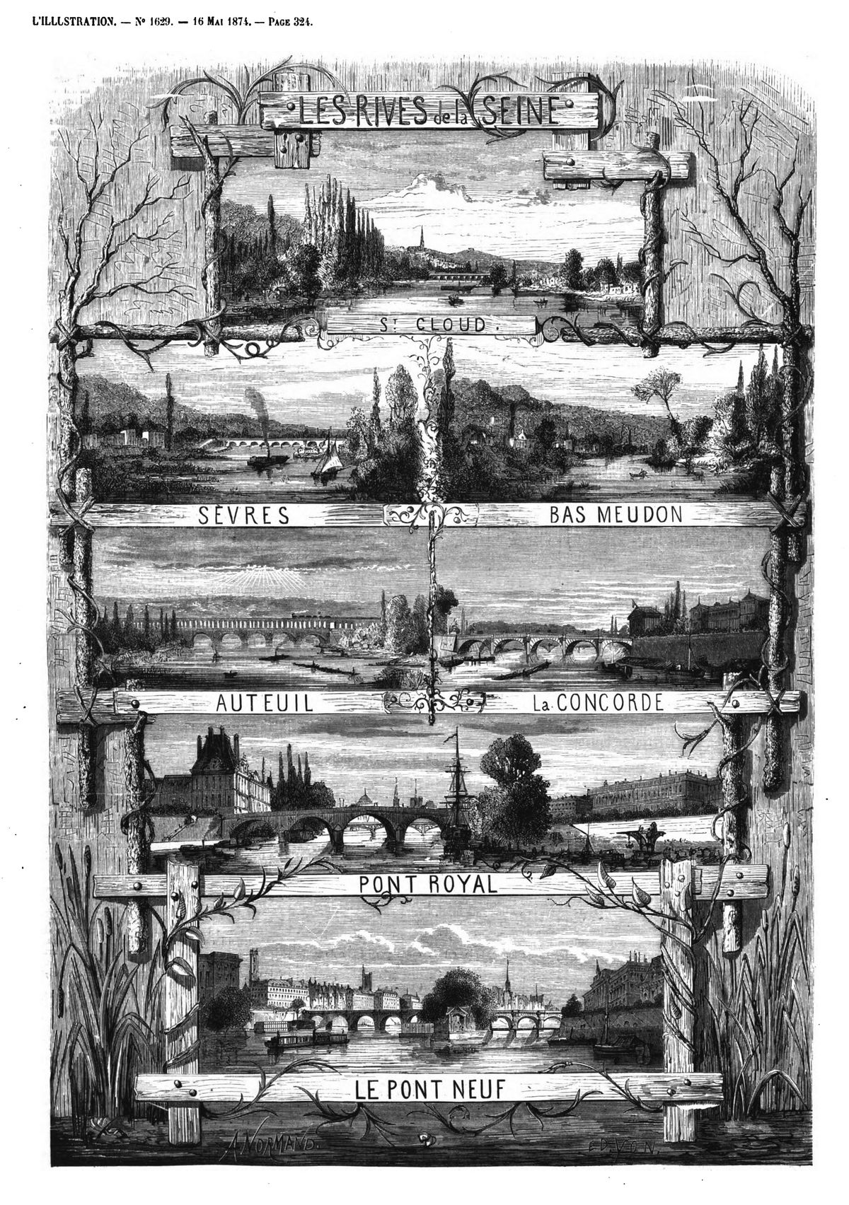 Les rives de la Seine.Promenade au Salon de 1874, par Bertall (13 sujets).
