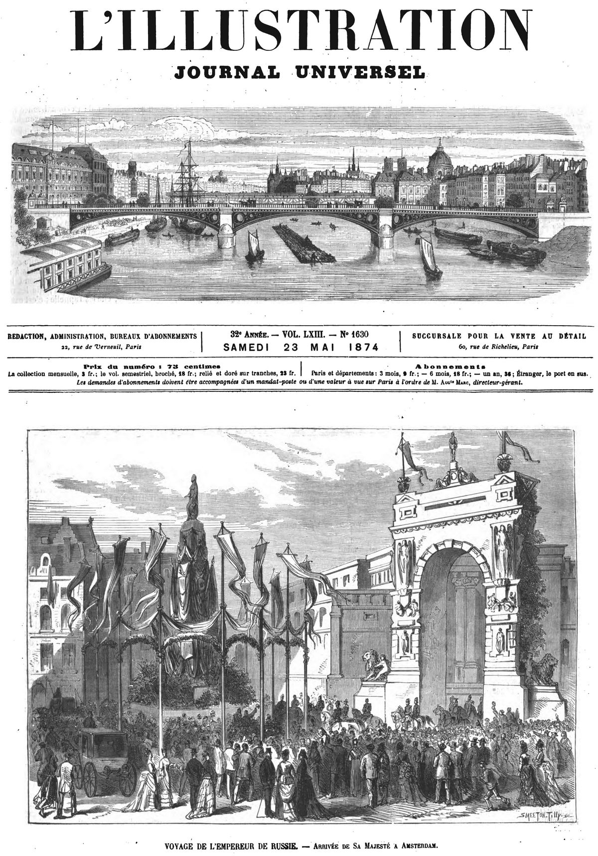 Voyage de l’empereur de Russie : arrivée de Sa Majesté à Amsterdam; (gravure 1874)