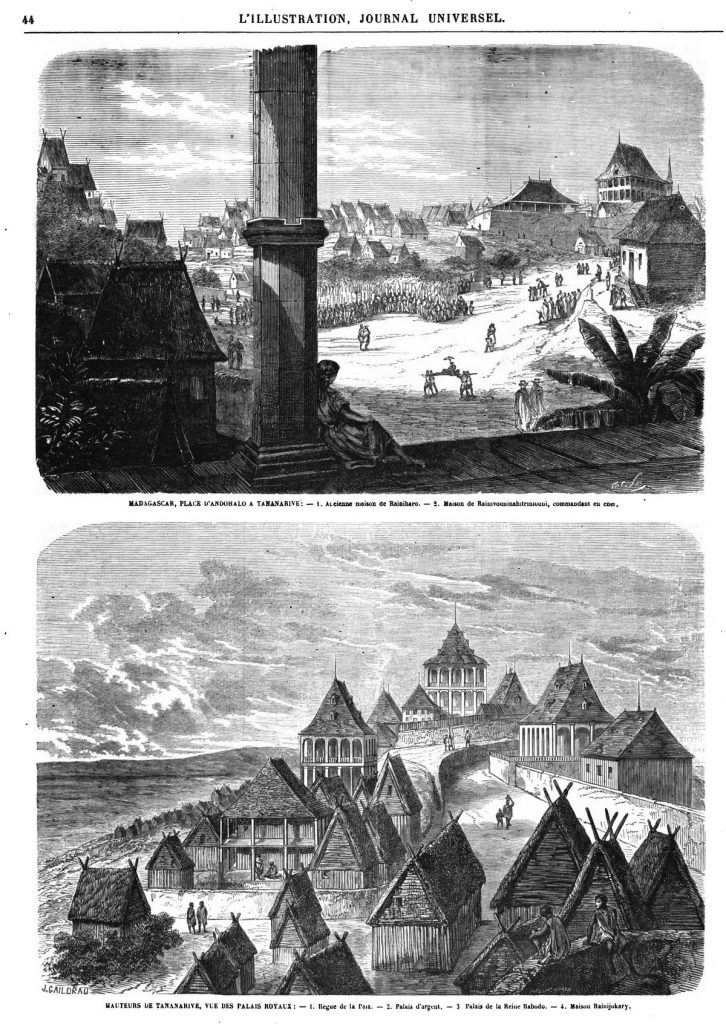 Madagascar: Place d’Anduhalo à Tananarive; Hauteurs de Tananarive , vue des palais royaux. (gravure 1864)