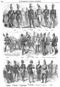 Costumes des armées danoise et prussienne (3 gravures). La guerre des Duchés, seconde guerre prusso-danoise,seconde guerre de Schleswig-Deutsch-Dänischer Krieg