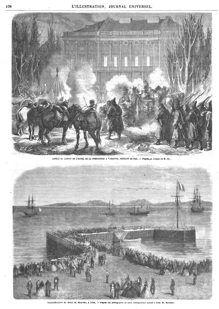 Un bal à Varsovie. — Inauguration du môle de Huacho, à Lima 1864