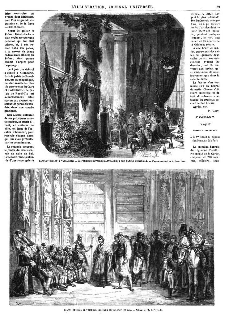 Banquet offert à Versailles, à la première batterie d'artillerie de la Garde, à son retour du Mexique. — Salon de 1864 : Le Tribunal des eaux de Valence, en 1800.