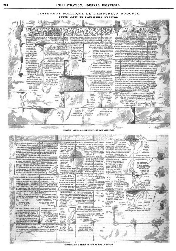 Testament politique de l'Empereur Auguste, texte latin de l’Augusteum d’Ancyre (3 gravures).