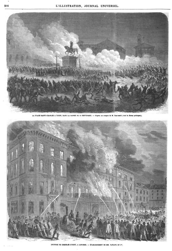 La place Saint-Charles, à Turin, dans la soirée du 22 septembre. — Incendie de Gresham-Street, à Londres.