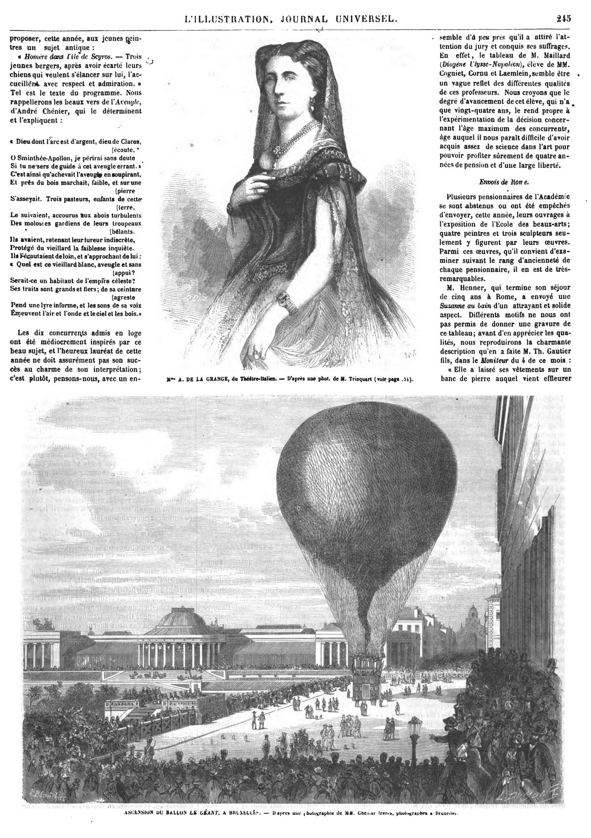 Mlle Lagrangp, cantatrice du Théâtre-Italien. — Ascension du ballon le Géant, à Bruxelle