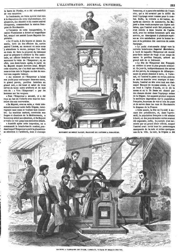 Statue de Benoit Raclet, inaugurée le 3 octobre à Romanèche. — Machine à fabriquer les tuiles, carreaux, tuyaux et briques creuses. 1864