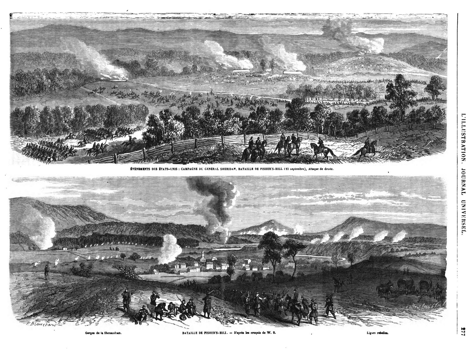 Evénements des Etats-Unis : Campagne du général Sheridan, bataille de Fisher’s-Hill (23 septembre), 2 gravures.