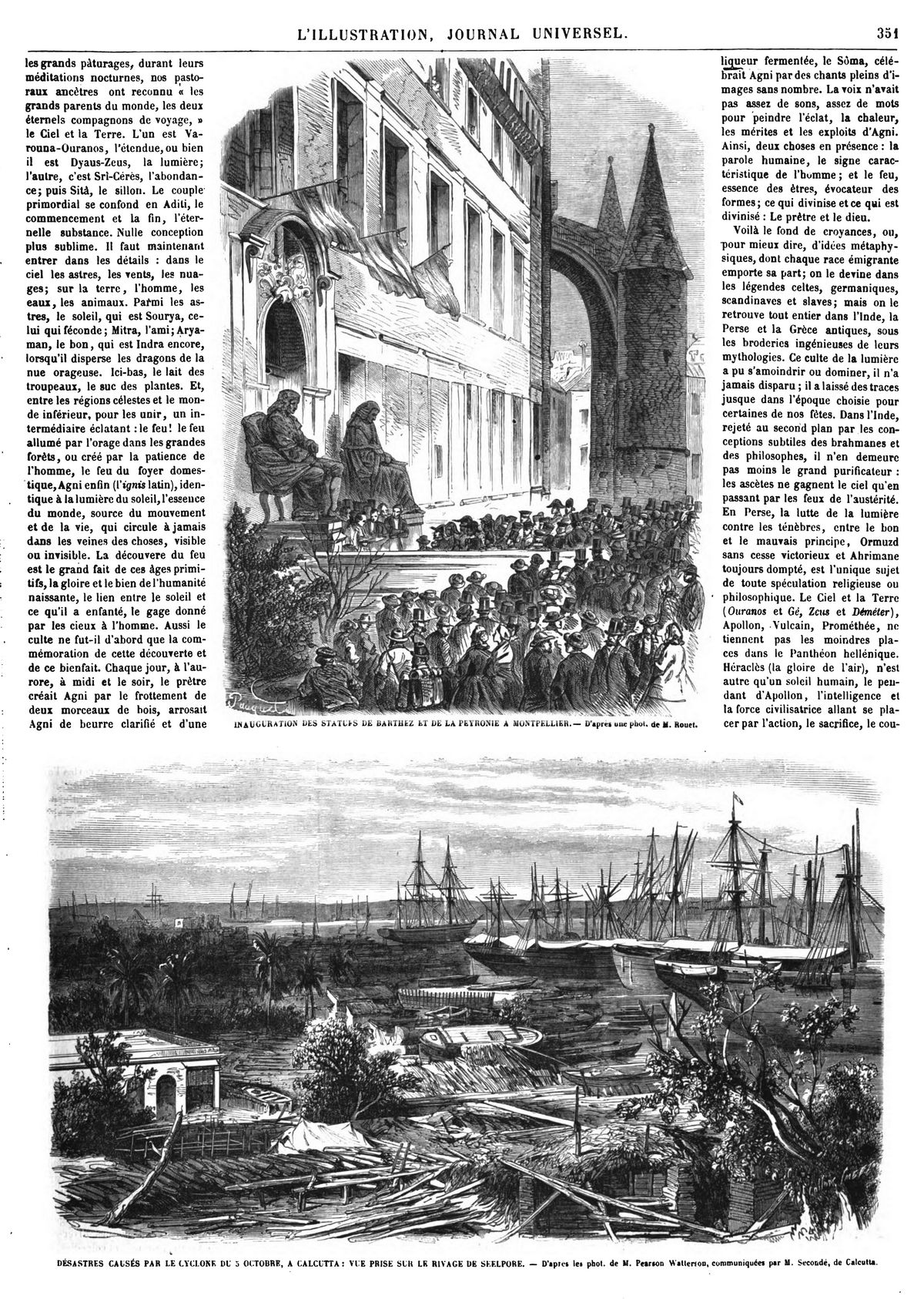 Inauguration des statues de Barthez et de La Peyronie, à Montpellier. — Désastres causés par le cyclone du 5 octobre, à Calcutta. (9 gravures).