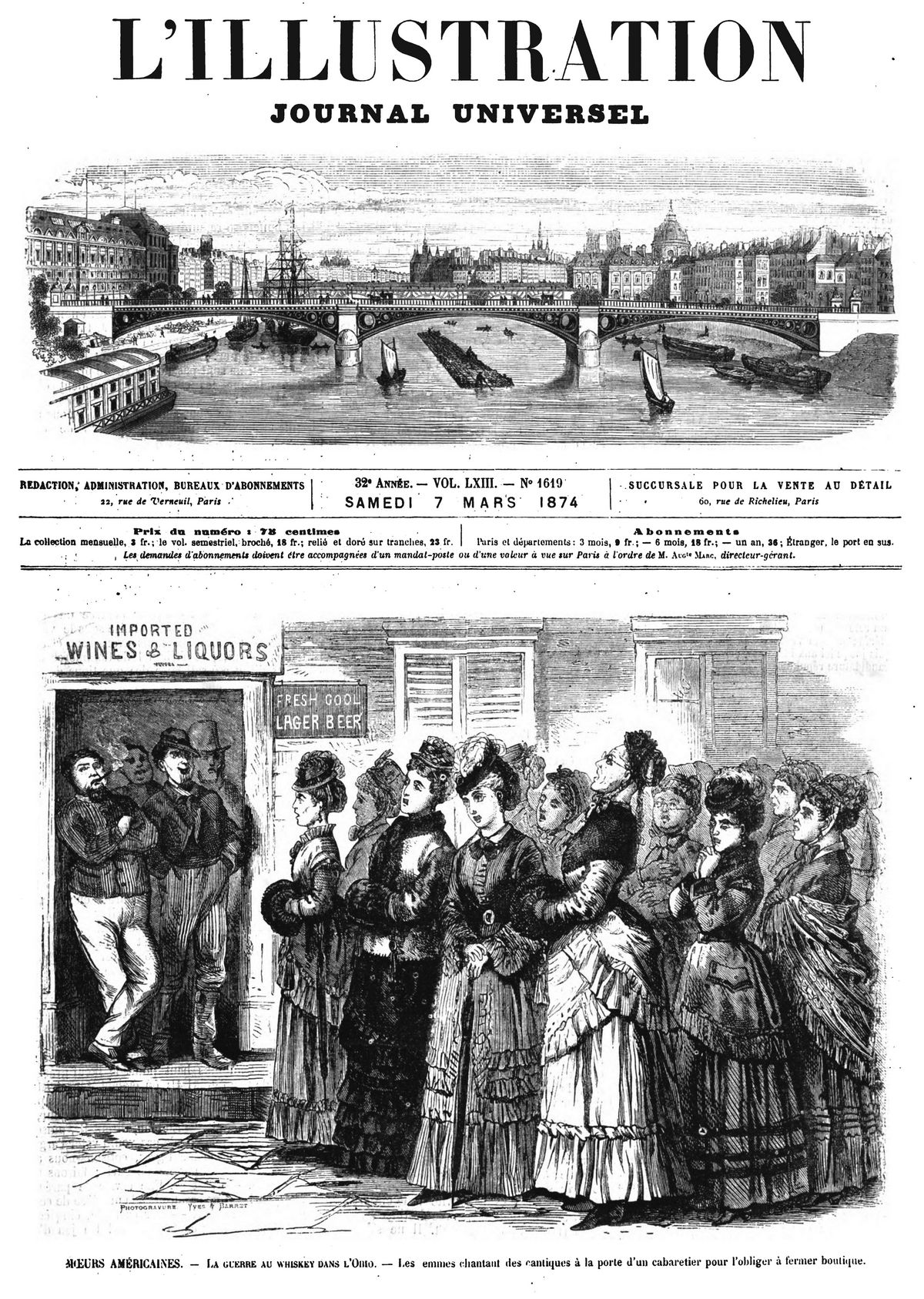 Mœurs américaines : la guerre au whiskey dans l’Ohio; les femmes chantant des cantiques à la porte d’un cabavetier pour l’obliger à fermer boutique. (gravure 1874)