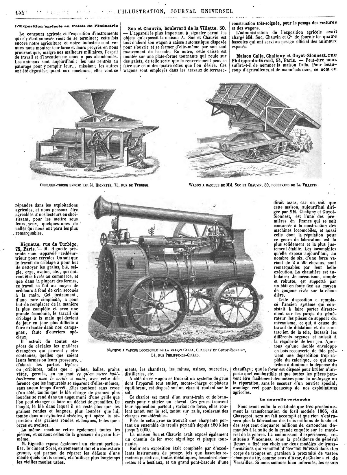 Cribleur-trieur exposé par M. Hignette. (gravure 1874) — Wagon à bascule de MM. Suc et Chauvin. (gravure 1874) — Machine à vapeur locomobile de MM. Calla, Chalignyet Guyot-Sionnest. (gravure 1874)