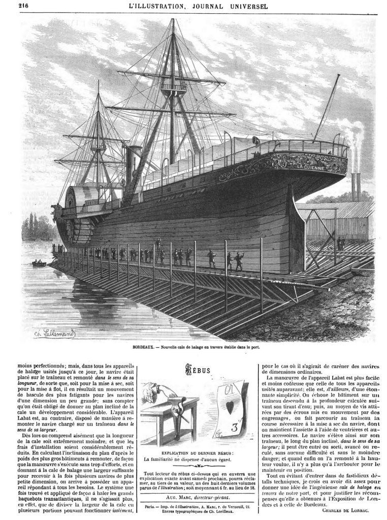 Nouvelle cale de halage en travers établie dans le port de Bordeaux. Gravures 1870
