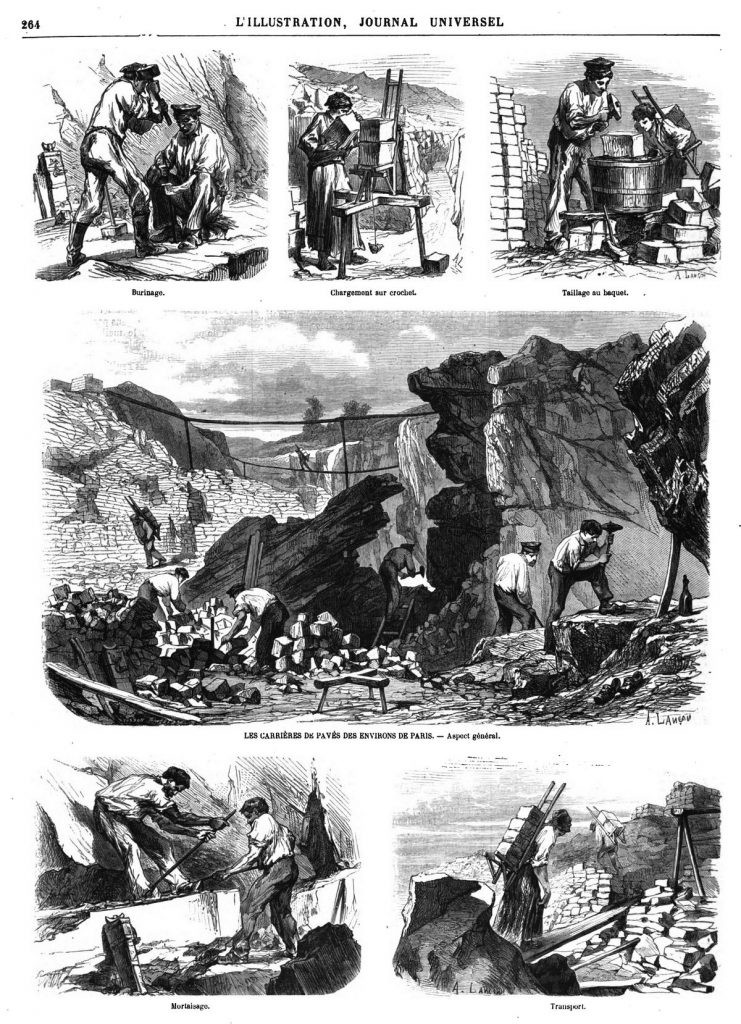 Les carrières de pavés des environs de Paris. gravure du 19ème, 1870