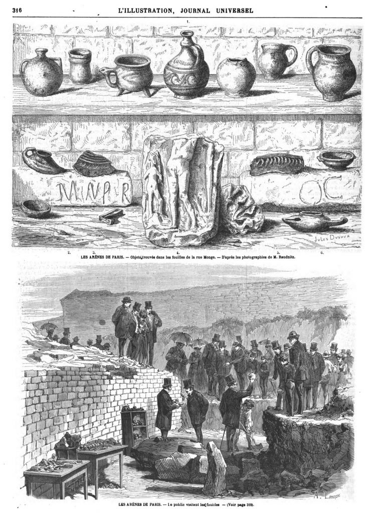 Le public visitant les fouilles. Gravure, dessin 1870