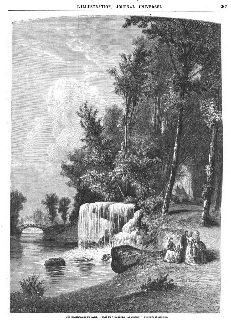 Les promenades de Paris: Bois de Vincennes : La Cascade. Gravure, dessin 1870