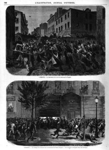 — La barricade de la rue du faubourg du Temple; Illustration, gravure 1870 — Charges de cavalerie sur le boulevard du Prince-Eugène. Illustration, gravure 1870