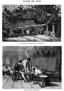 Four banal de Kermaria, près Quimperlé, tableau de M. Cuiaud. Illustration, gravure 1870 —Pages jouant aux échecs, tableau de M. Guès. Illustration, gravure 1870
