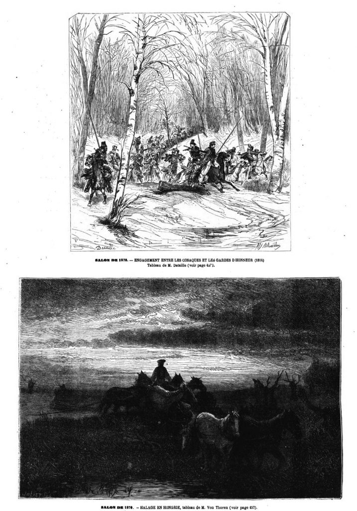 Engagement entre les cosaques et les gardes d’honneur, tableau de M. Détaillé; — Halage en Hongrie, tableau de M. Von Thoren