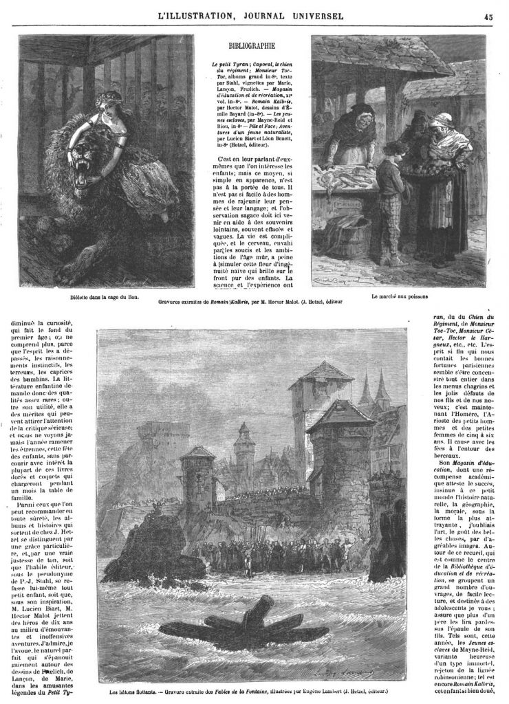 gravures extraites de Romain Kalbris, par M. Hector Malot, et des Fables de la Fontaine, illustrées par Eugène Lambert; Hetzel, éditeur.