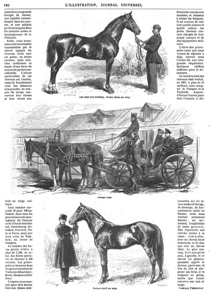 — Les chevaux russes: Frante, étalon pur sang; 1870 — Attelage russe; 1870 — Trotteur-Orloff pur sang. 1870