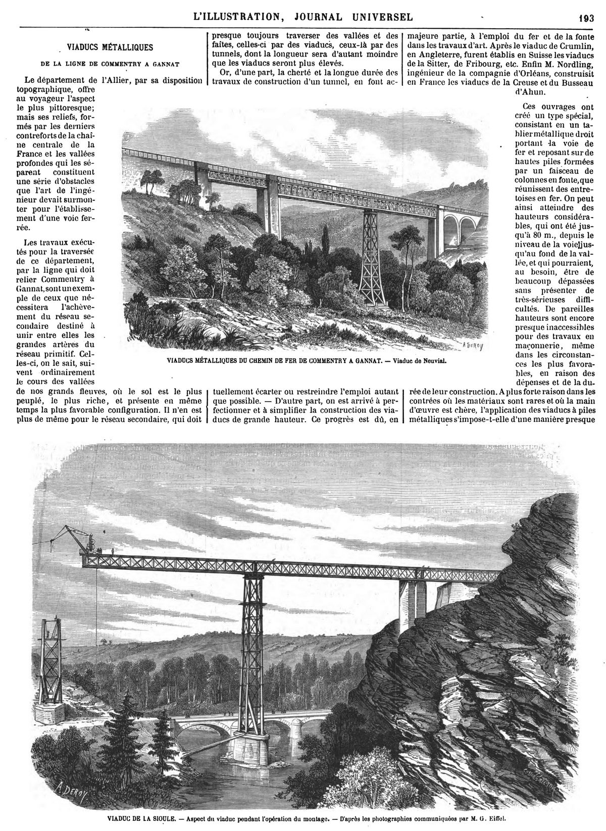 Viaducs métalliques du chemin de fer de Commentry à Gannat (2 grav.) 1870