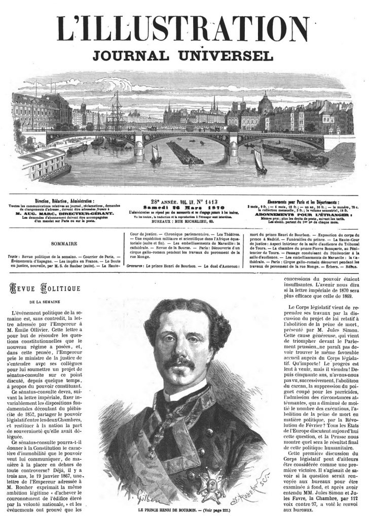 Le prince Henri de Bourbon. Gravure de 1870