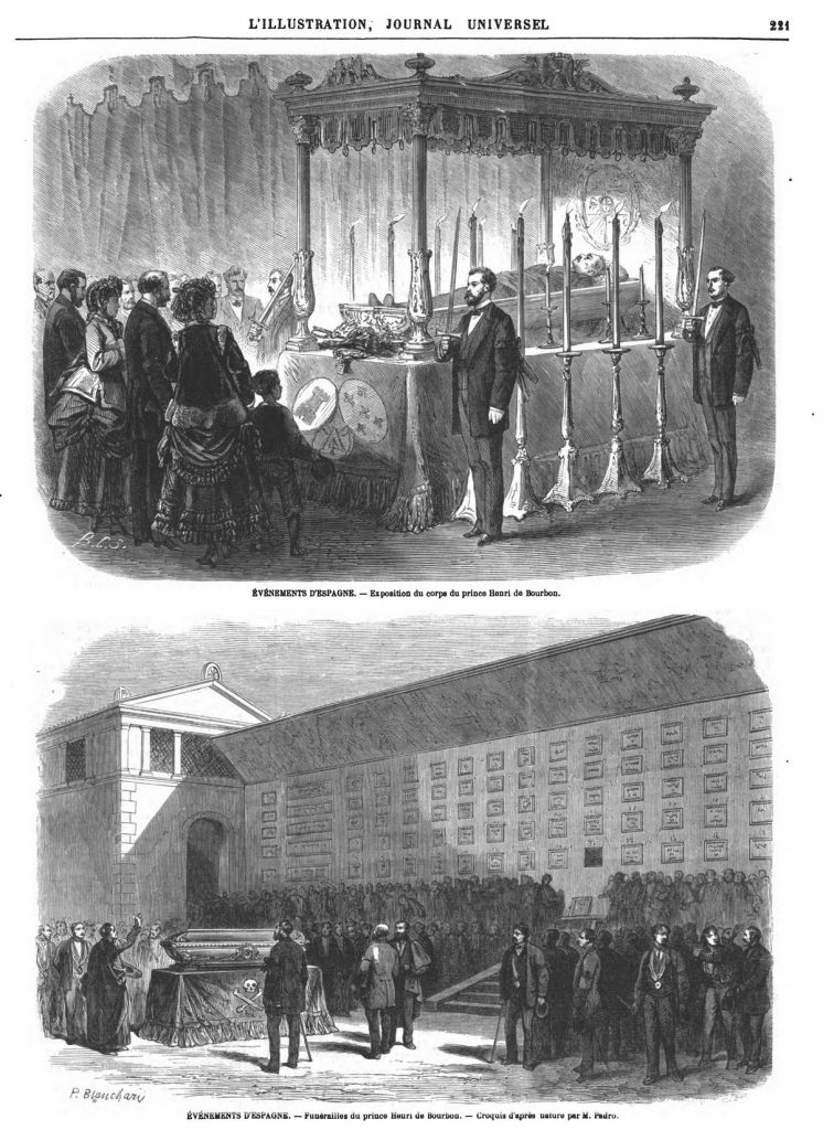 — Exposition du corps du prince, à Madrid. Gravure de 1870 — Funérailles du prince. Gravure de 1870