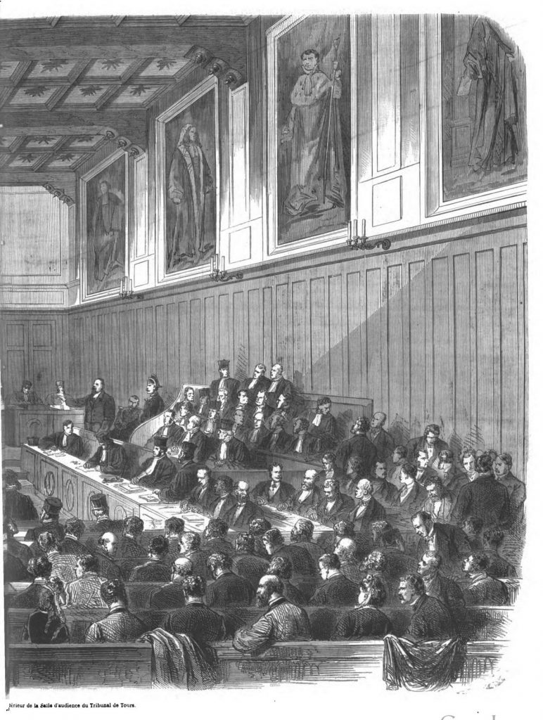 La Haute-Cour de justice : Aspect intérieur de la salle d'audience du Tribunal de Tours. Gravure de 1870