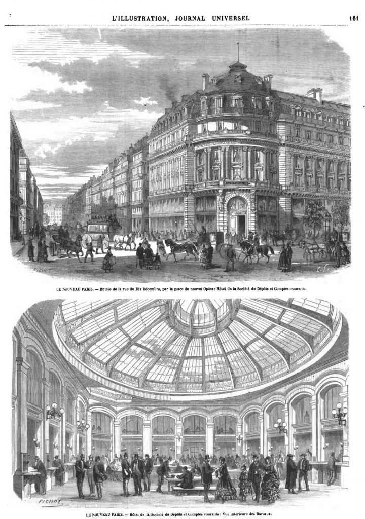— Le nouveau Paris: Place du nouvel Opéra : Hôtel de la Société de Dépôts et Comptes-courants; 1870 — Vue intérieure des Bureaux. 1870