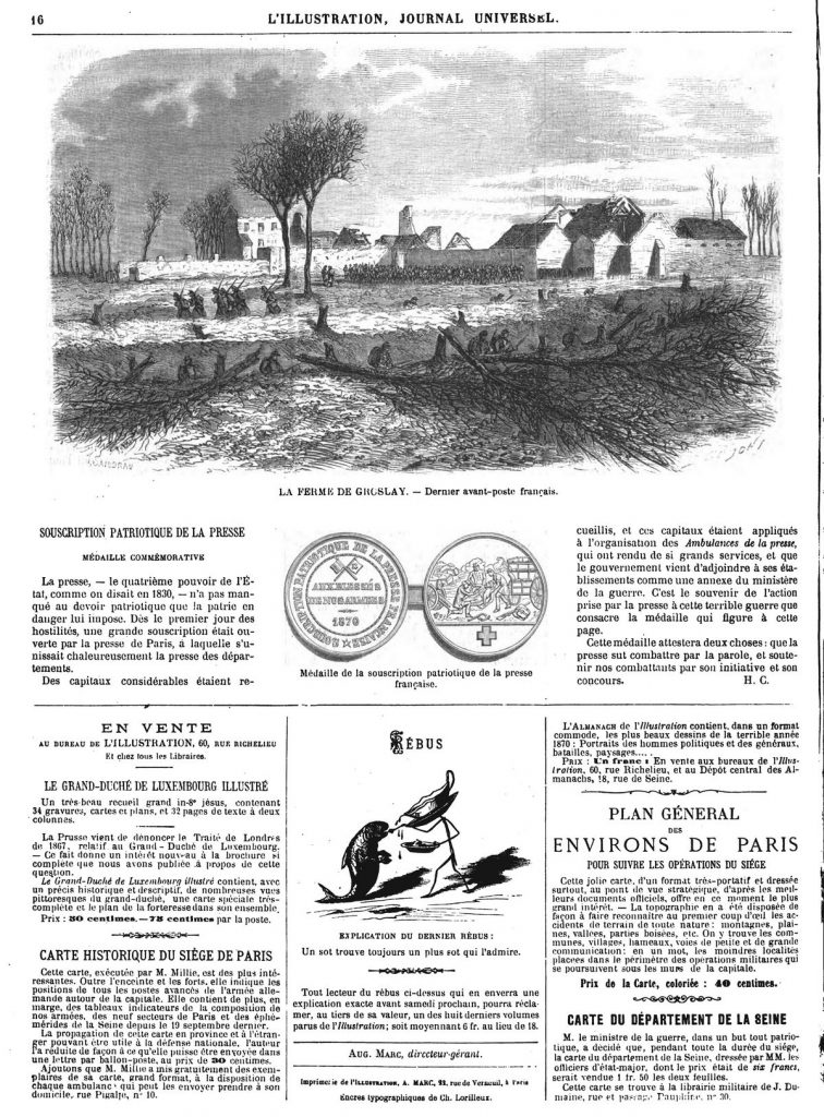 La ferme de Groslay: dernier avant-poste français. — Médaille de la souscription patriotique de la presse française