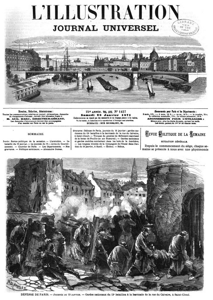 Défense de Paris, journée du 19 janvier: gardes nationaux du 13e bataillon à la barricade de la rue du Calvaire, à Saint-Cloud