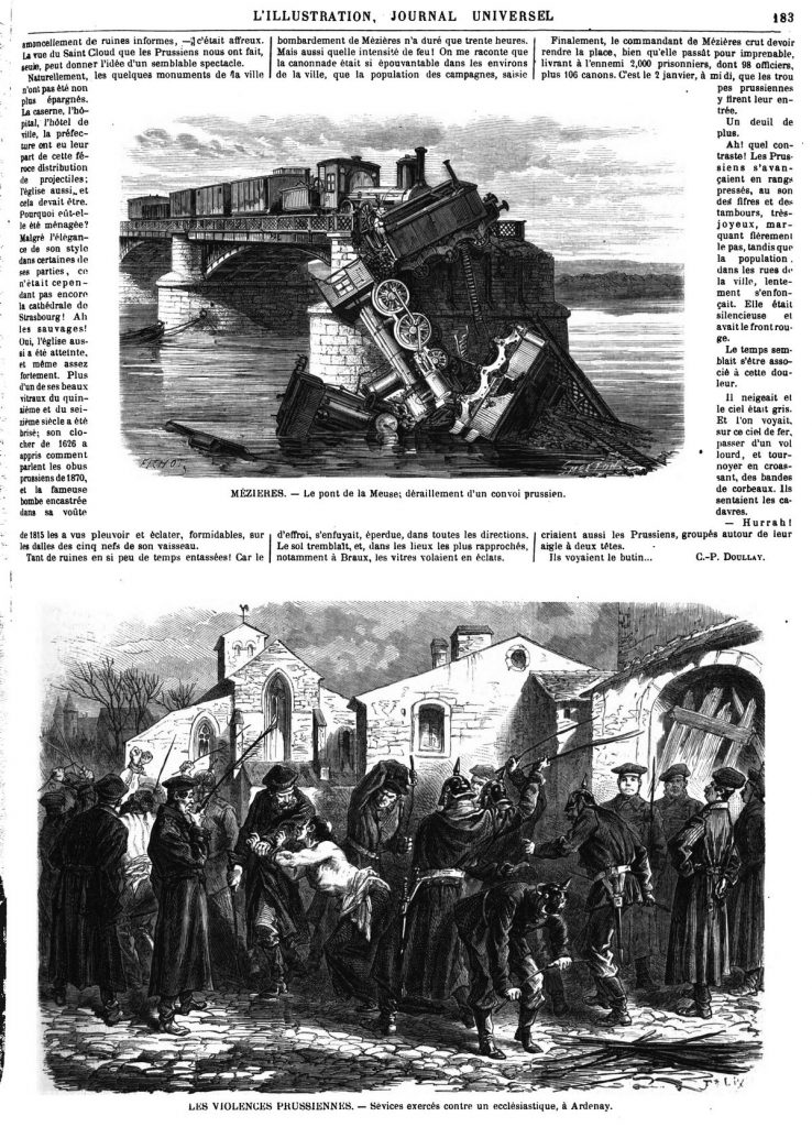 Le pont de la Meuse; déraillement d’un convoi prussien. — Les violences prussiennes : sévices exercés sur un ecclésiastique, à Ardenay.