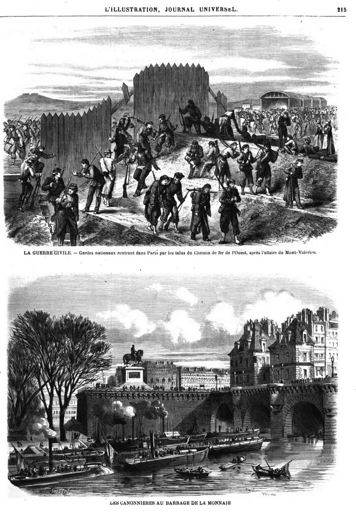 Gardes nationaux rentrant dans Paris par les talus du chemin de fer de l’Ouest, après l'affaire du Mont-Yalérien. — Les canonnières au barrage de la Monnaie