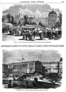 Paris : vente des barraquements établis dans le jardin des Tuileries, pendant le siège prussien. — Guerre civile : barricade fermant la rue de Rivoli, à la place de la Concorde