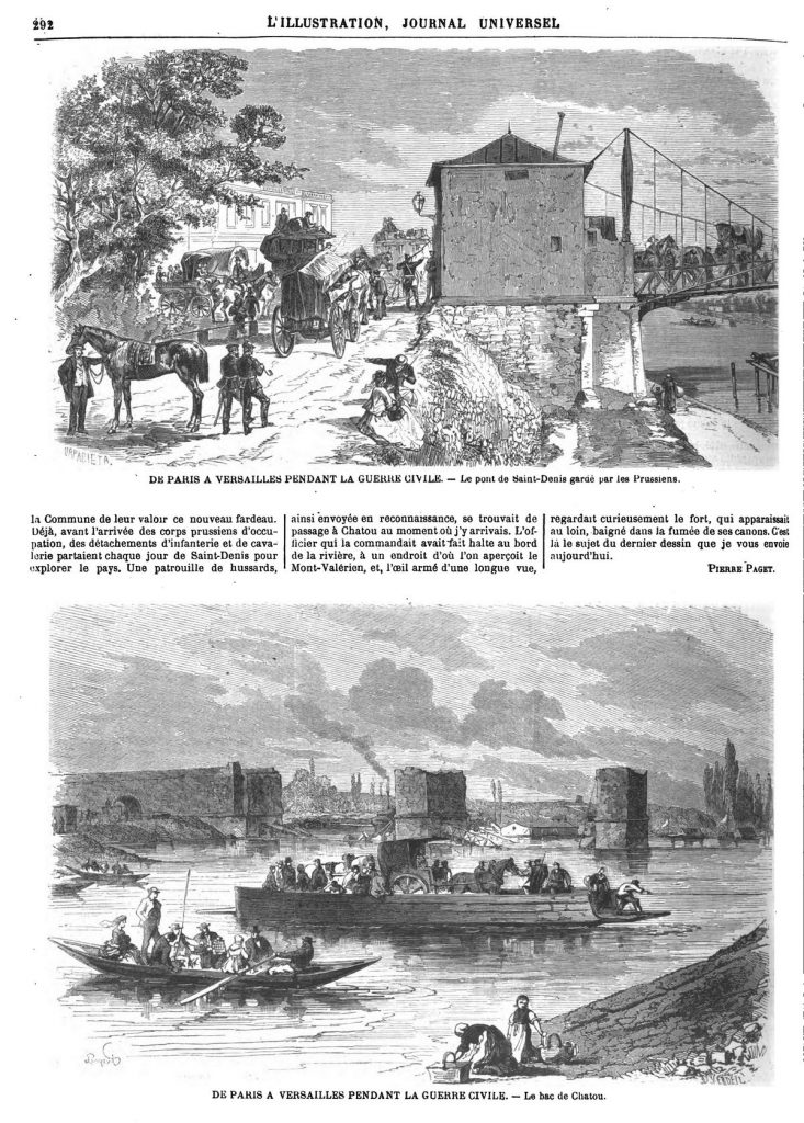 De Paris à Versailles pendant la guerre civile : le pont de Saint-Denis gardé par les Prussiens ; Le bac de Cliatou