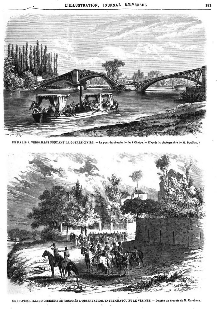 Le pont du chemin de fer à Chatou. Une patrouille prussienne en tournée d'observation, entre Cliatou et le Vésinet.