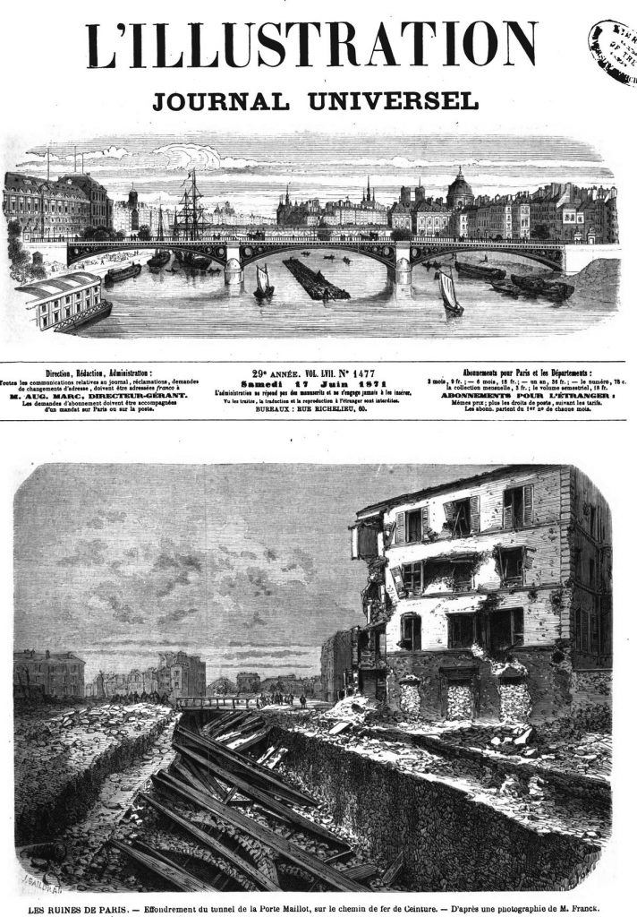 Les ruines de Paris: effondrement du tunnel de la Porte Maillot, sur le chemin de fer de Ceinture.